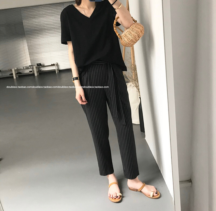 elielim夏季新款 自留竖条纹高腰西装裤