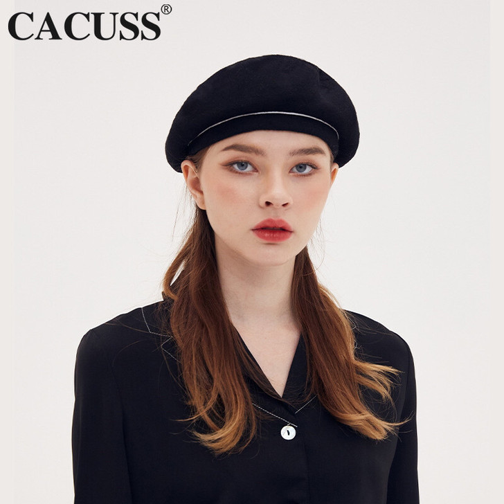 CACUSS黑色秋冬贝雷帽2020年新款女...