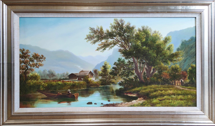 手绘大型油画作品《河边的家》原创油画室内装...