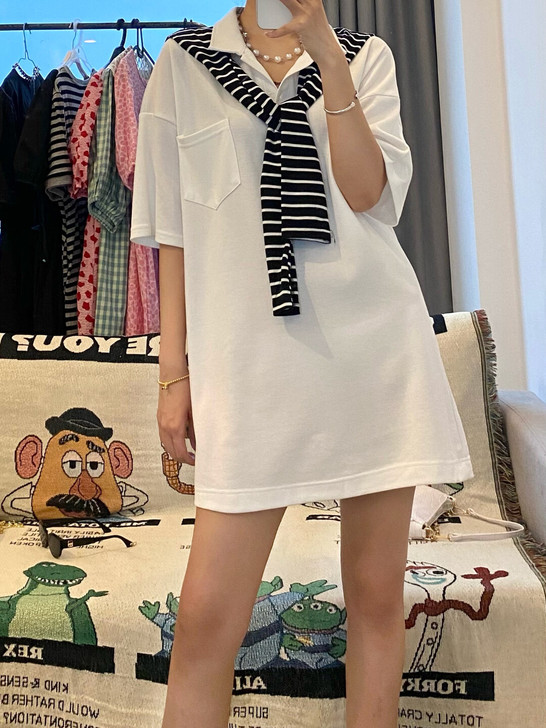 条纹披肩单口袋长T方领连衣裙女 2021年...