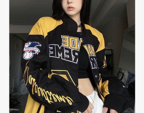 2022复古美式机车外套休闲立领夹克撞色嘻...