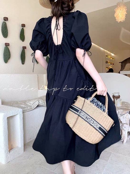 夏季露背短袖连衣裙女黑色收腰显瘦中长款裙子