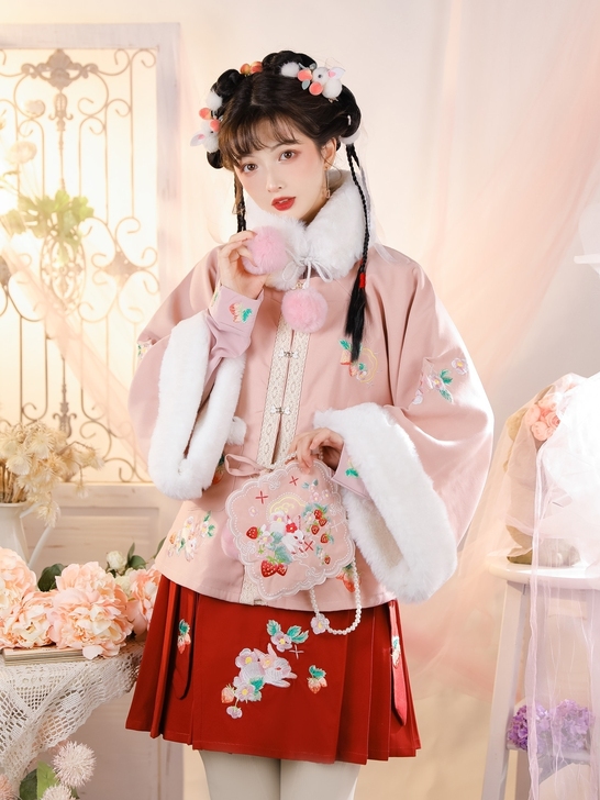 玉术汉服女花开兔原创汉元素加厚方领半袖披袄...