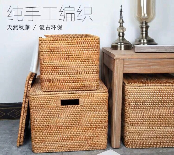 进口纯手工藤编收纳筐衣物整理大号储物箱带盖...