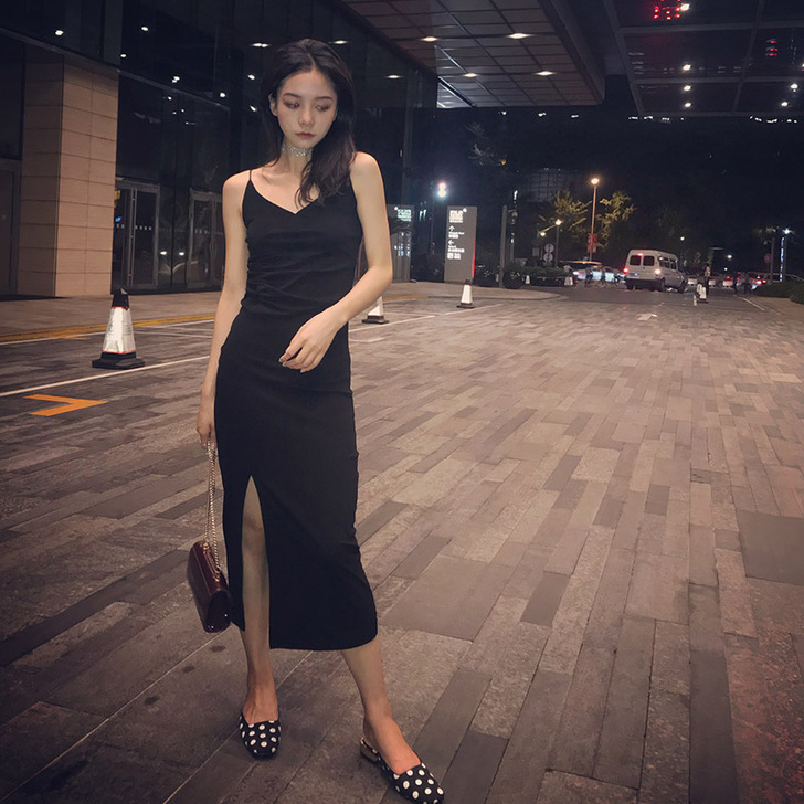 复古裙山本过膝小黑裙2019夏性感冷淡风小...