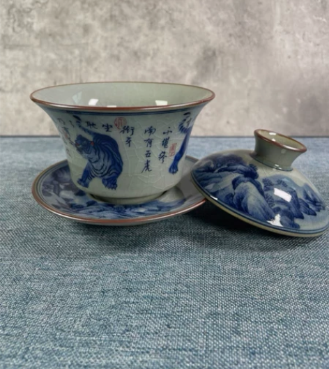 景德镇青花老陶泥三才盖碗泡茶碗三才碗茶具 ...