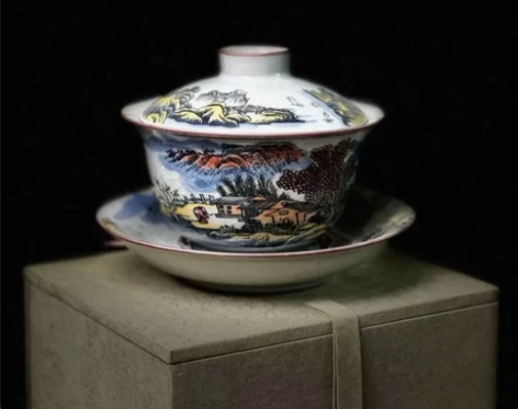 景德镇青花老陶泥山水三才盖碗三才碗 富春山...