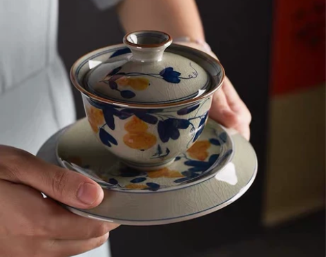 老陶泥手绘青花盖碗釉下彩手工绘画盖碗景德镇...