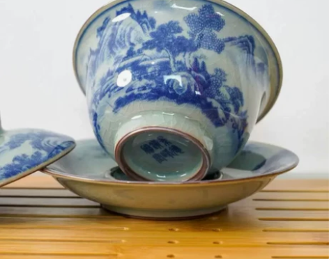 景德镇青花老陶泥山水三才盖碗三才碗 富春山...