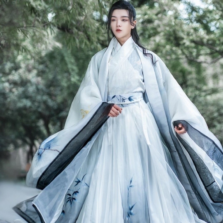 原创汉服朝露男女CP魏晋风交领齐腰印花大摆...