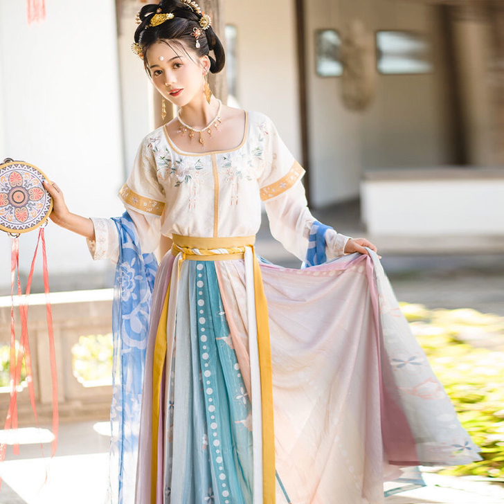 夏时 墨子研原创汉服女坦领三件套中国风一片...