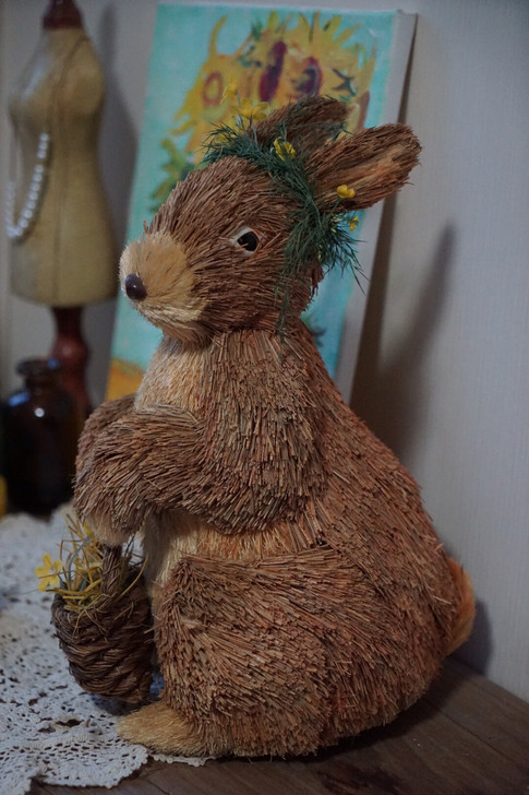 手工稻草兔子小姐，田园风摆件