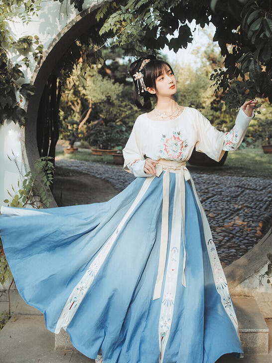 艺缕原创坦领汉服女三件套两片式齐腰襦裙半臂...