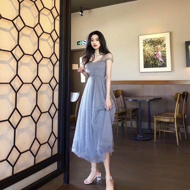 2020新款夏季名媛气质网纱很仙女过膝长裙...