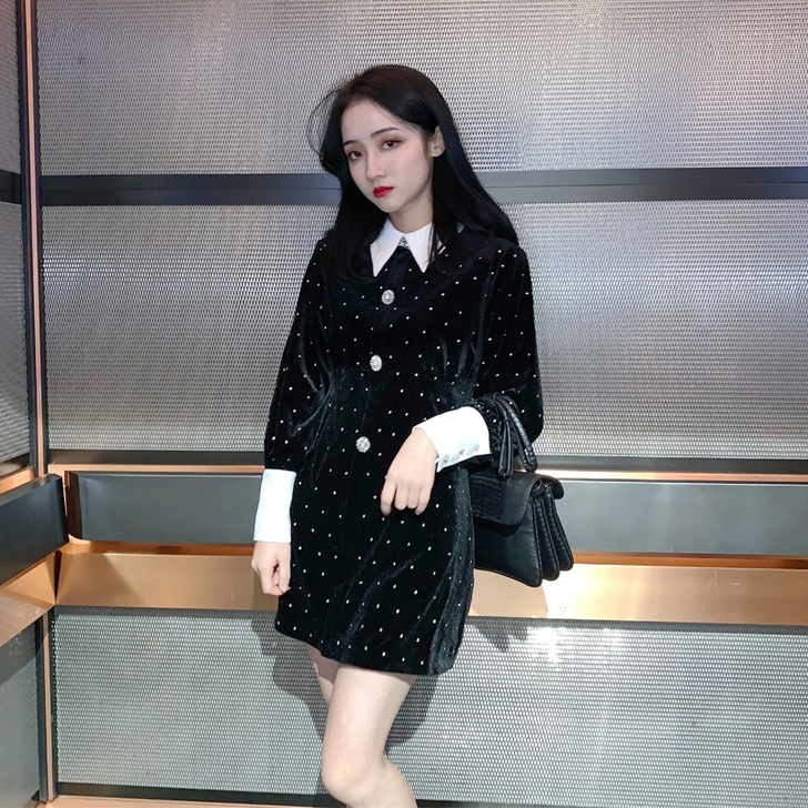 法式复古收腰显瘦裙子金丝绒名媛小香风气质女...