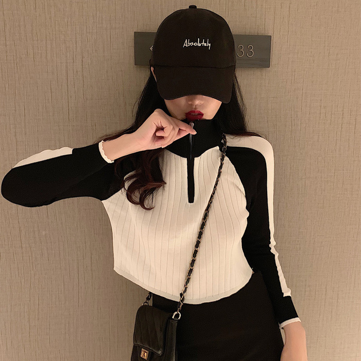 毛衣女内搭网红短款配高腰裤针织衫女长袖拉链...