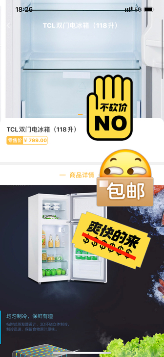 TCL 118L 双门冰箱 租房必备