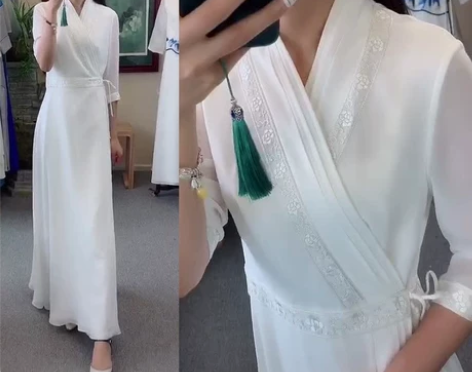 连衣裙抖音同款中国风茶服女收腰白色汉服改良...