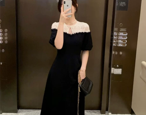 胖mm法式桔梗复古拼接小黑裙夏大码女装气质...