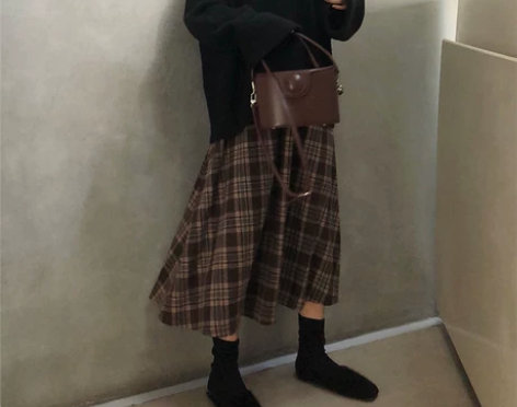 港风早春季复古百搭高腰中长款格子半身裙学生...