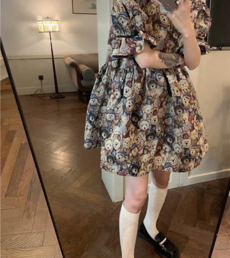 小个子法式复古连衣裙女夏季设计感学生小熊泡...