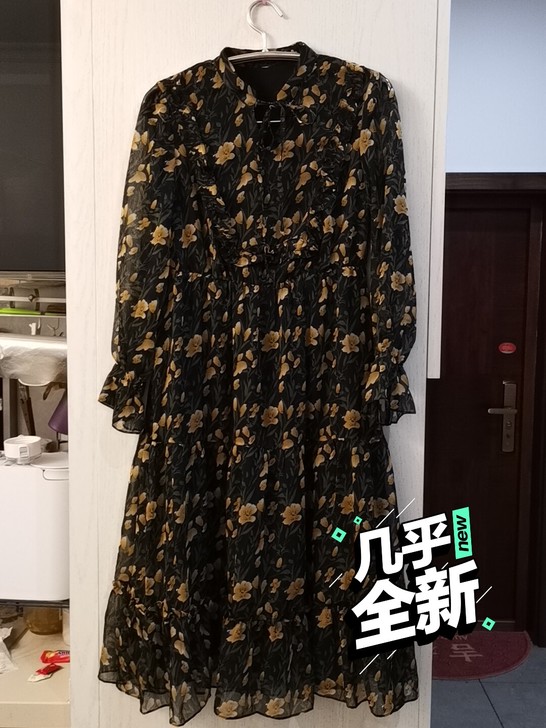 藏青色 碎花收腰长袖连衣裙 s码