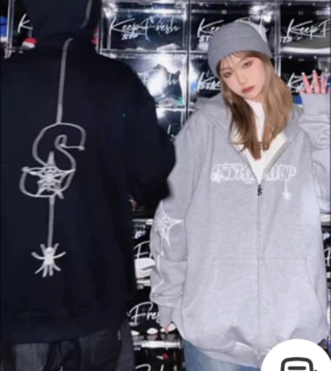 STA2022秋冬刺绣蜘蛛网黑色灰色直拉链...