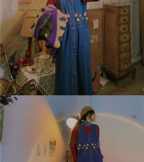 仙气森系中长款刺绣牛仔背带裙 买回来没穿过...