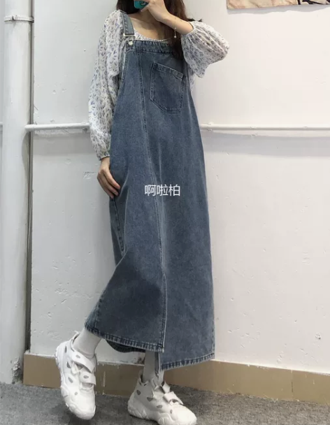 背带裙 吊带背带裙啊啦柏不规则开叉牛仔女秋...