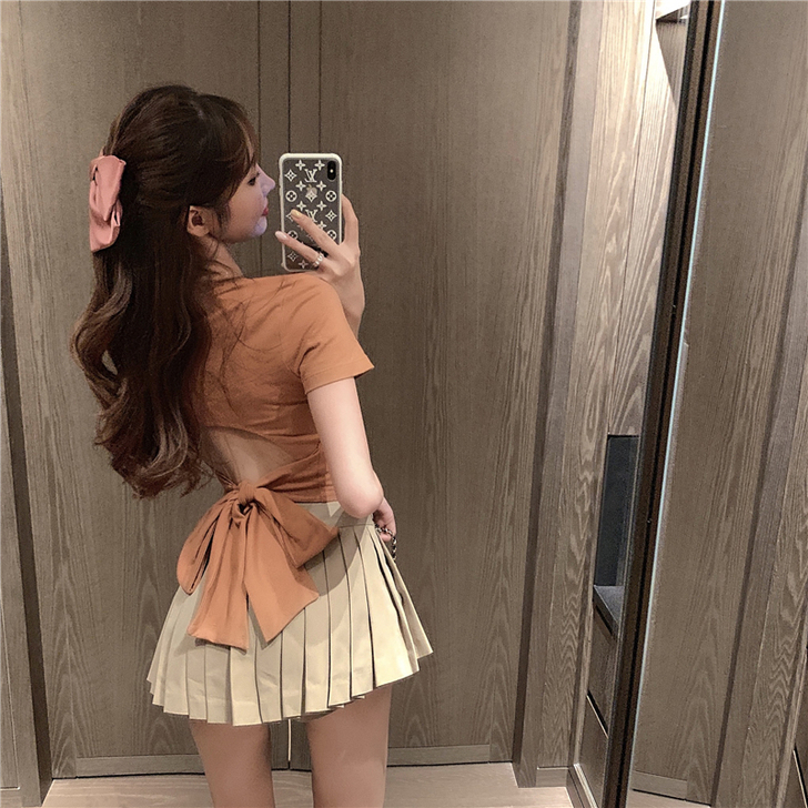 夏季性感镂空后背蝴蝶结心机设计感t恤202...