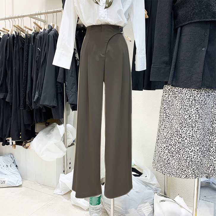 纯色高腰休闲裤女2020秋季新款复古港味宽...