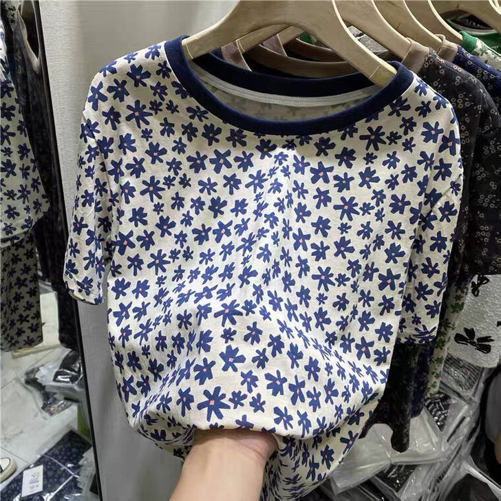 纯棉欧货复古碎花短袖t恤女2021夏季新款...