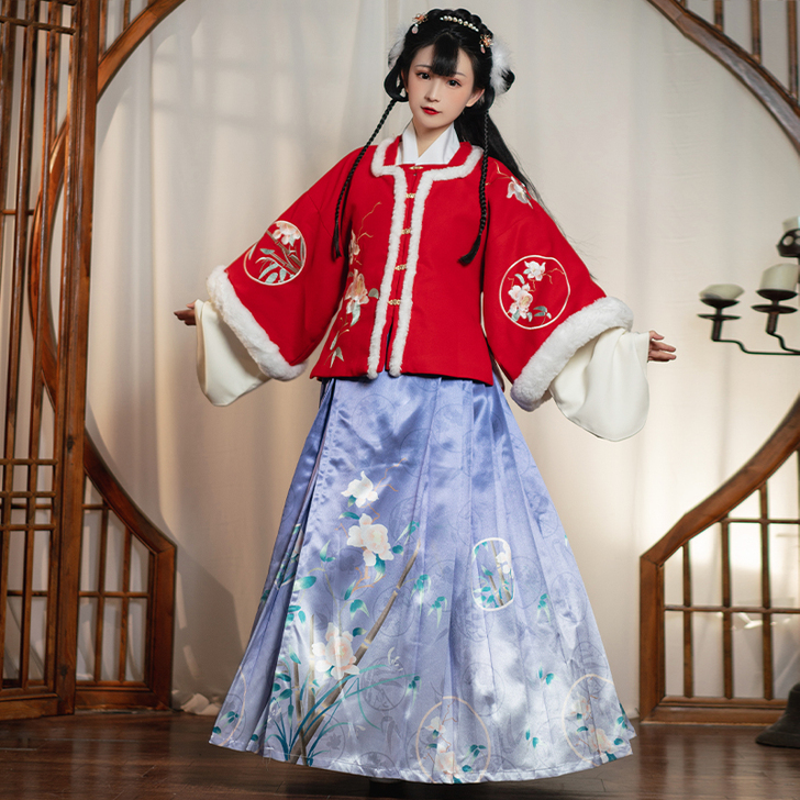 墨子研竹忆原创汉服女方领半袖毛呢汉元素百迭...