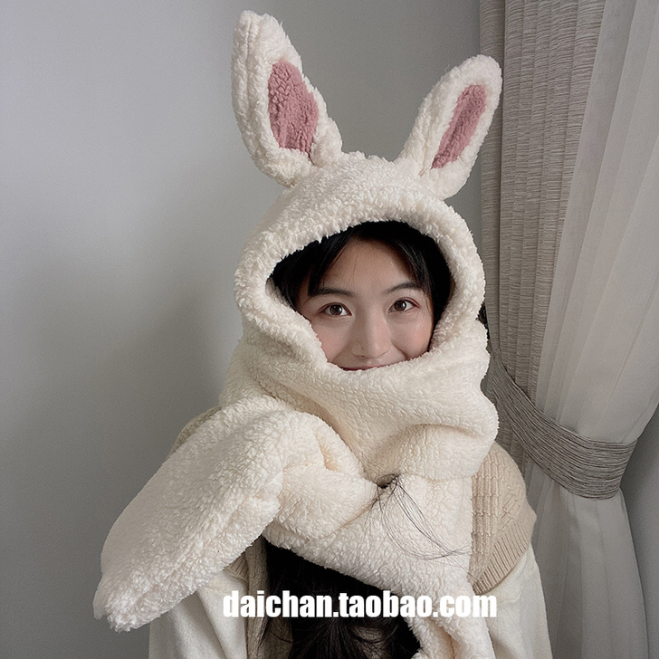 秋冬女甜美兔耳朵羊羔毛围巾帽子一体雷锋帽 ...