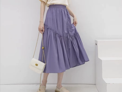 不规则抽绳开叉夏高腰中长款A字大摆裙女半身...