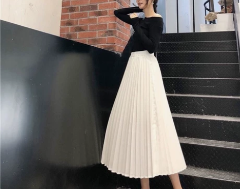 高腰大摆裙A字裙白色过膝中长款仙女裙百褶裙...