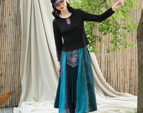 民族风拼接绣花松紧腰流苏半身长裙女士中腰a...