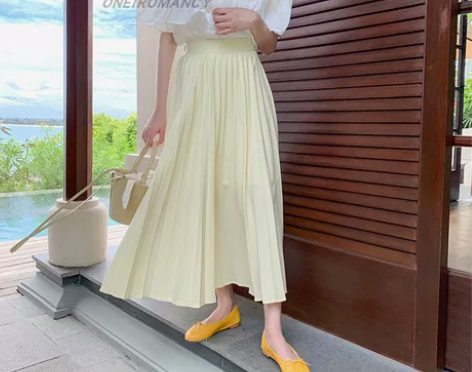 松紧高腰百褶裙A字大摆裙温柔仙女长裙ins...