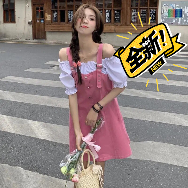 夏季2021新款小众ins假两件拼接设计