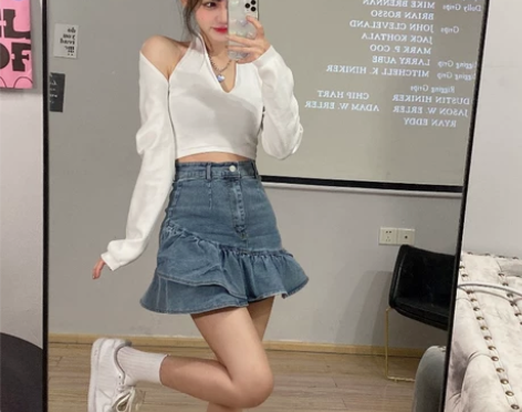 辣妹荷叶边牛仔半身裙女2021夏季甜辣高腰...