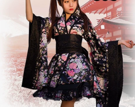 猫老师黑色复古樱花和服极乐净土表演服cos...