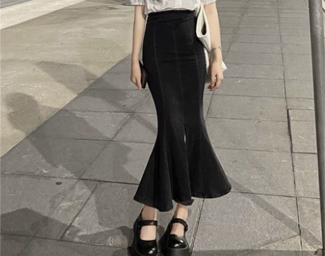 2022年春秋季牛仔鱼尾裙女小个子显瘦高腰...