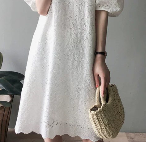 连衣裙短袖法式蕾丝镂空复古泡泡袖中长款宽