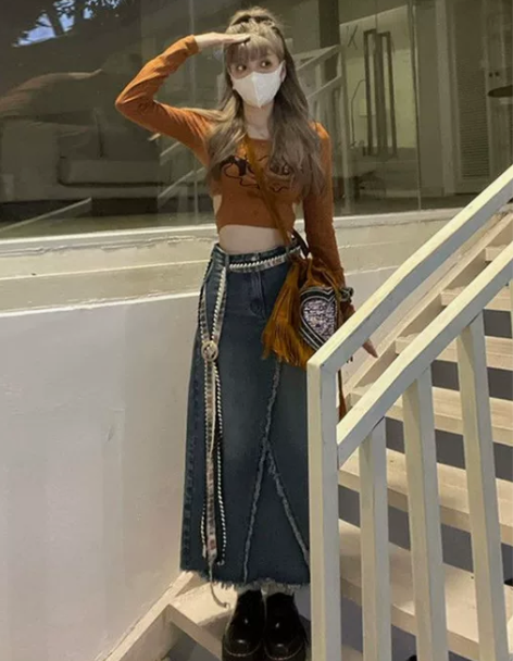 美式百搭复古蓝古着辣妹毛边做旧牛仔裙女高腰...