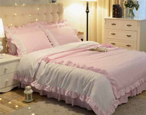 金璐艺纯色少女心粉色公主风床裙床罩被套四件...