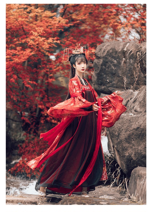艺凤栖汉服女对襟齐胸襦裙百搭套装红色烫金6...