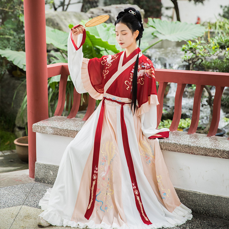 凤于牡丹 墨子研汉服女晋制交领半袖齐腰襦裙...