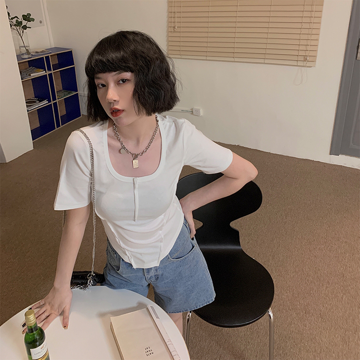 夏正肩短袖U领锁骨t恤女别致设计氛围感不规...