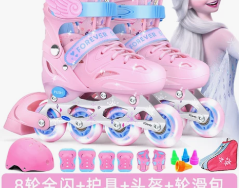迪士尼溜冰鞋儿童全套装女童正品旱冰滑冰专业...