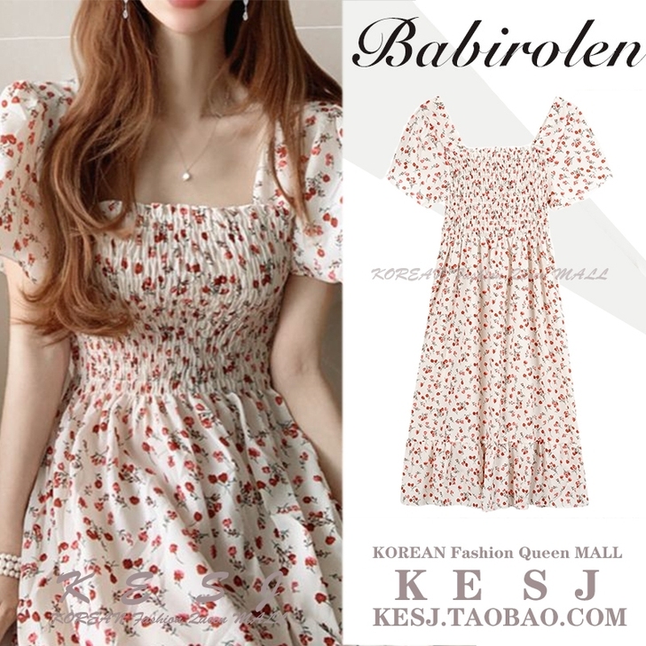 【全新】法式桔梗过膝长裙喇叭袖方领碎花雪纺...